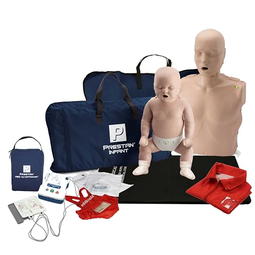 Prestan adult and infant CPR training manikins with carry bags and AED trainer