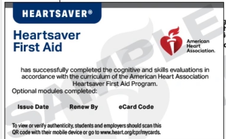 Sample American Heart Association Heartsaver First Aid eCard
