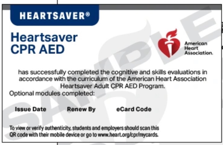 Sample American Heart Association Heartsaver CPR/AED eCard