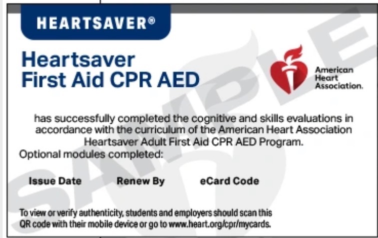 Sample American Heart Association Heartsaver CPR/AED + First Aid eCard