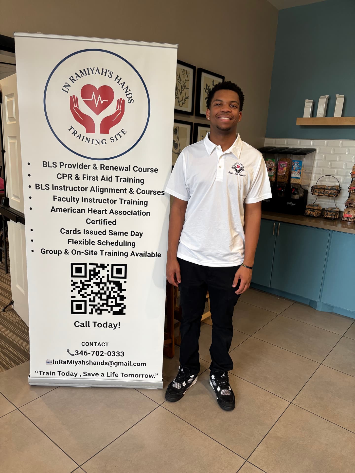 In RaMiyah's Hands training site banner at a CPR class venue
